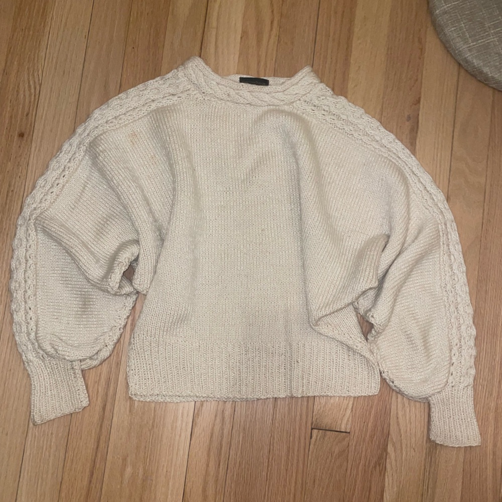 80’s Cream Cable-Knit Balloon Sleeve Sweater